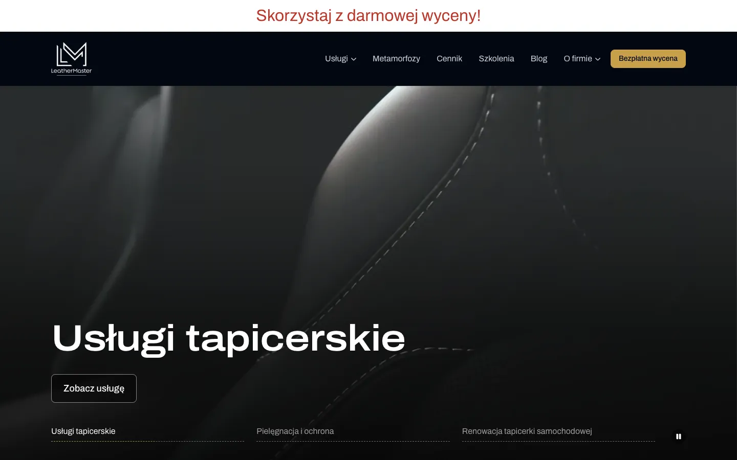 Strona główna LeatherMaster: nagłówek z ofertą renowacji skóry i przyciskiem kontaktu